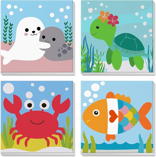 4 Pack Paint by Number for Kids with Wooden Frame, Cute Seal, Turtle, Fun Crab, Fish Paint by Numbers for Kids Ages 8-12, Cartoon, DIY Acrylic Oil Painting for Beginners for Home Wall Decor 8X8 inch