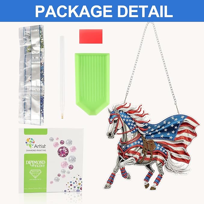 CEOVR 4th of July Hanging Diamond Art for Adults, American Flag Horse Diamond Painting Pendant DIY Gem Art Wall Hanging Ornament, Acrylic Home Garden Decor with Chain, Box Kit 7.78×7.14inch
