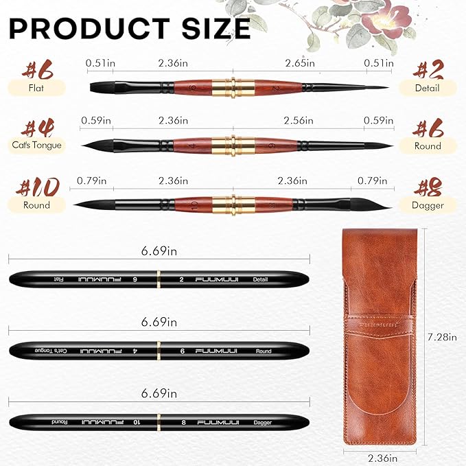 Dual Tip Travel Watercolor Brushes, Fuumuui 3pcs Synthetic Squirrel Hair Set of 6 Versatile Tips with Leather Pouch Perfect for Watercolor Gouache Ink Painting