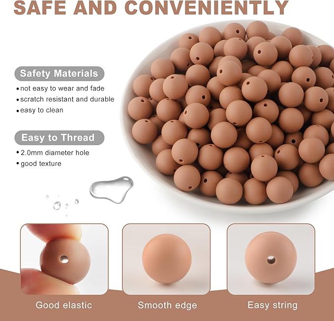 Silicone Beads, 150Pcs 15mm Round, Bulk for Keychain Making, Bracelet Making, Necklace Making, Camel