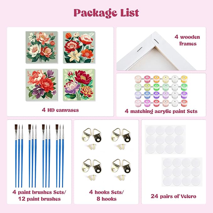MXJSUA 4 Pack Peony Flowers Framed Paint by Numbers Kit with Canvas for Adults Beginner, DIY Acrylic Oil Painting Kits with Brushes for Home Wall Decor Gift (8x8 inch)