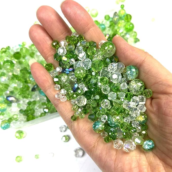 1000pcs Green Beads, Glass Crystal Beads for Jewelry Making, Assorted Styles Craft Crystal Beads (Teardrop, Bicone, Rondelle, Square, Crackle Round) for Bracelet Necklace Earring, Bead Kit with 1 Box