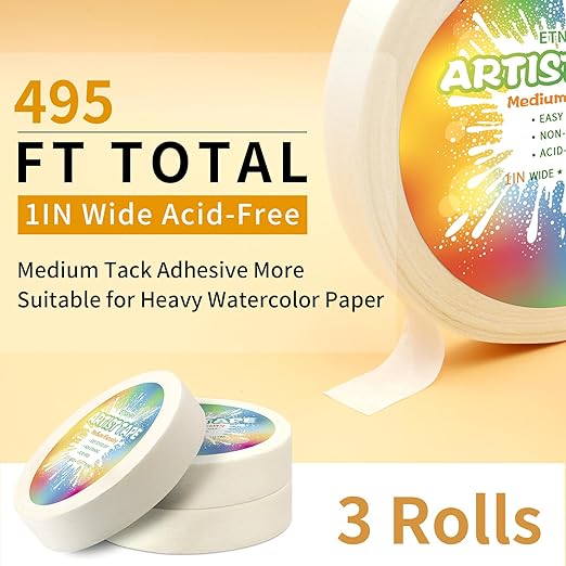 3 Packs White Art Tape Medium Tack Artist Masking Tape Paper Acid Free Tape Watercolor Painters Tape Artists Tape for Drafting Art Watercolor Painting Canvas Framing, 1 inch Wide 495FT Long