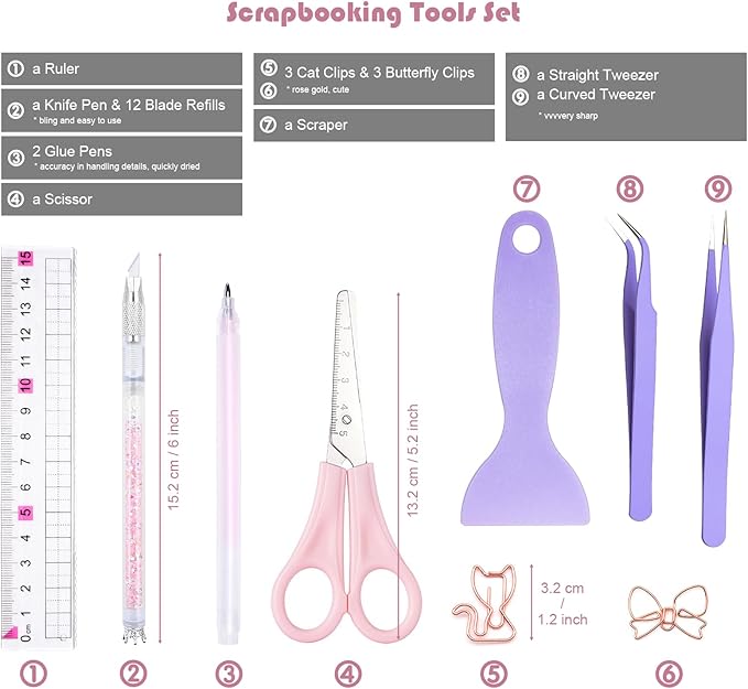 Arvakr Scrapbooking Tools, Scrapbook Supplies with Sticker Tweezers, Glue Pen for Crafting, Card Making, Sticker Cutter, Paper Craft