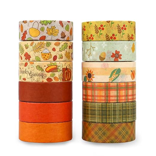 12 Rolls Fall Washi Tape Set for Bullet Journaling, DIY Crafts, Scrapbooking, Gift Wrapping Colorful Autumn Decoration Tape Grid Sunflower Maple Leaves Washi Tape