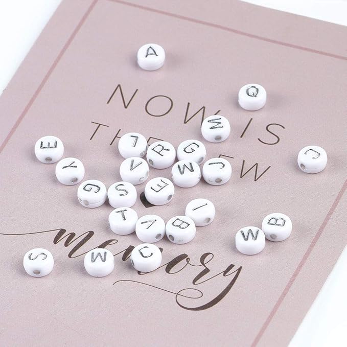 Song Xi 1200pcs Silver & White Round Acrylic Letter Beads - 4x7mm, Perfect for Jewelry Making, Crafts, Christmas DIY Gifts