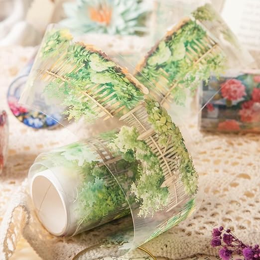 PET Tape Stickers for Journaling 6 Rolls Pre-Cut Flower Washi Tape Stickers Decorative Tape for Crafts Scrapbooking Junk Journal Supplies, Plants Fence