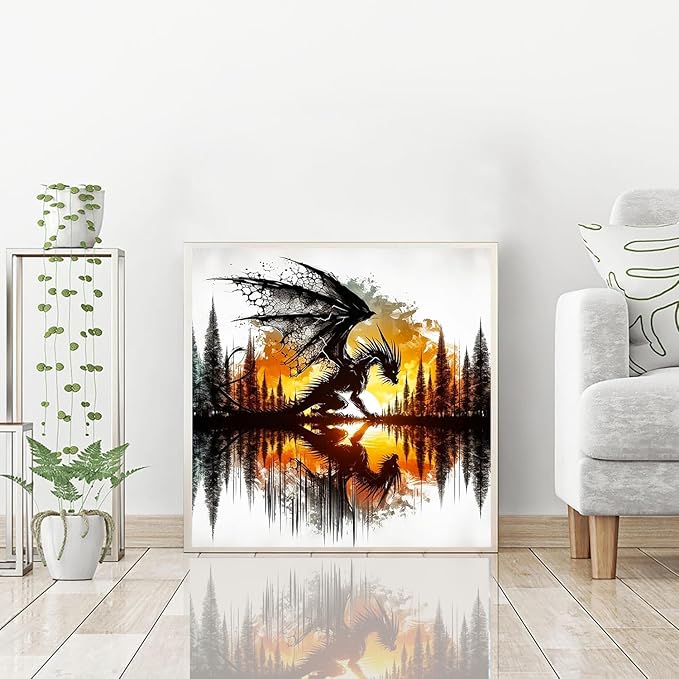 igoodom Dragon Diamond Art Kits for Adults, Silhouette Dragon Diamond Painting Kit, Full Drill Round Diamond Art Kits, DIY Gem Art and Crafts for Home Wall Decor Gift 14x14inch