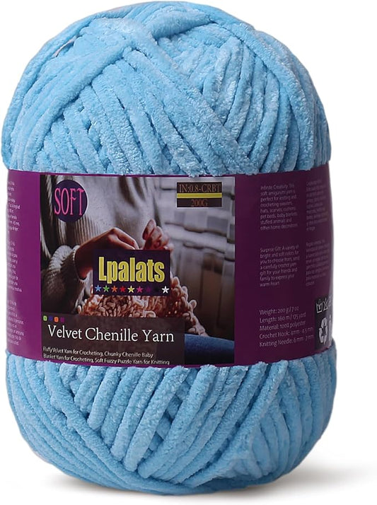 Baby Blanket Yarn for Crocheting - 1 Pack of 200g/7oz Chunky Chenille Yarn for Knitting Blankets Amigurumi - #6 Super Bulky - 174 Yards Soft Thick Plush Yarns (1, Sky Blue)