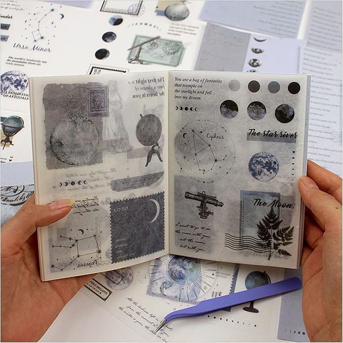 40 Sheets Vintage Washi Stickers Book for Adults, Scrapbook Ephemera with 180pcs Moon Stickers and 20 Adhesive Scrapbooking Papers, Bullet Junk Journaling Supplies