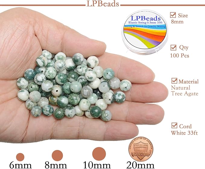 LPBeads 100pcs Polished 8mm Round Natural Tree Agate Gemstone Loose Beads with Stretch Cord for Jewelry Making Bracelets