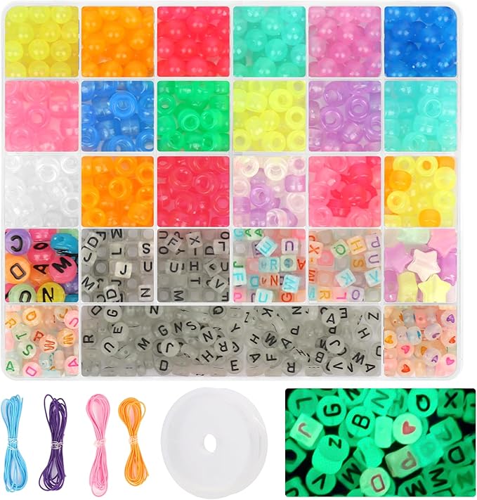 QVTWUT Glow in The Dark Pony Beads for Bracelets, 6x9mm Kandi Beads Neon for Necklace Jewelry, Bracelets Making, Hair Braiding, Crafts Braids Kits, 24 Color 1000 pcs