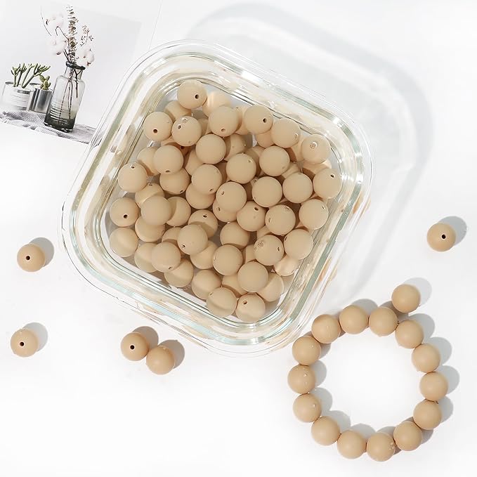 120pcs 15mm Bulk Silicone Beads for Pens, Keychains, Necklaces and Bracelets Making,Assorted Rubber Beads Set (Oatmeal Color)