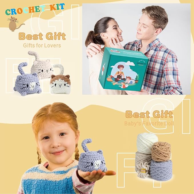 eelexa crochet kit for beginners, crochet animal kits for adults and kids, step-by-step video tutorials and easy peasy yarn, 3 cats