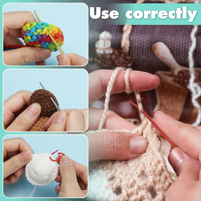 17 Pcs Steel Sewing Needles Kit, Stainless Steel Sewing Needles with Mix Color Stitch Markers, Weaving Needle Bent Tip Tapestry Needles Darning Knitting Sewing Needles for Knitting Crochet