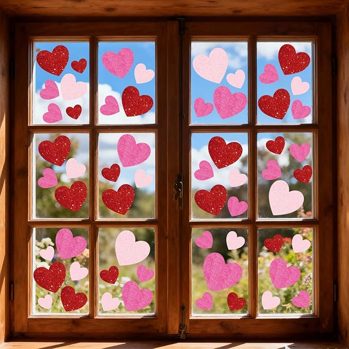 9 sheets valentines day window clings decoration, heart stickers decor for galentine's day, red pink decals for home, office, classroom, glass doors