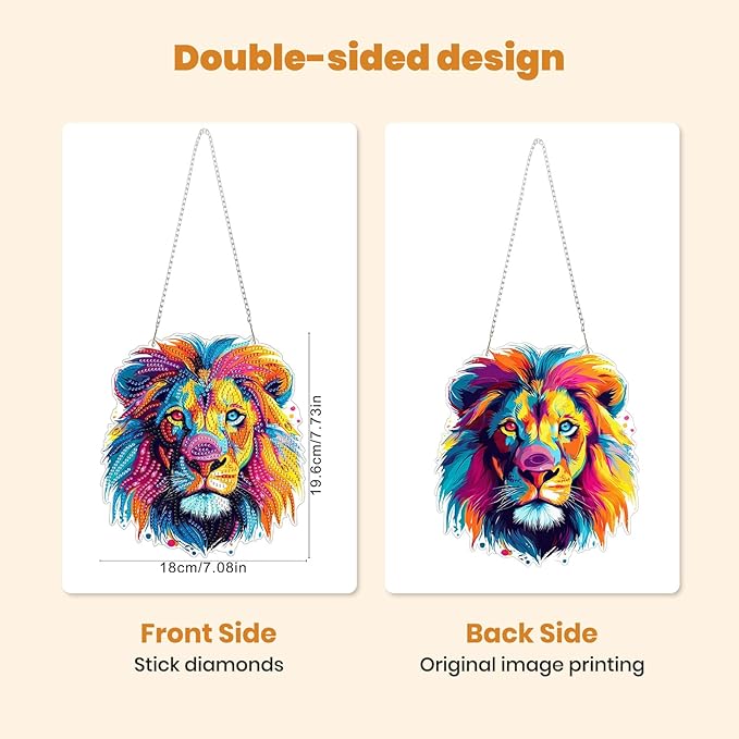 MXJSUA Diamond Art Hanging Kits for Adults Beginners, Colorful Lion DIY Acrylic Special Shaped Crystal Diamond Gem Art Pendant Drills Painting Ornament for Home Wall Decor and Gift