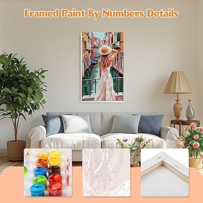 GHHKUD Venice Paint by Numbers Kits with Frame for Adults Beginners, DIY Landscape Paint by Numbers for Kids, Painting Art on Canvas Gifts Home Wall Decor 20x30cm