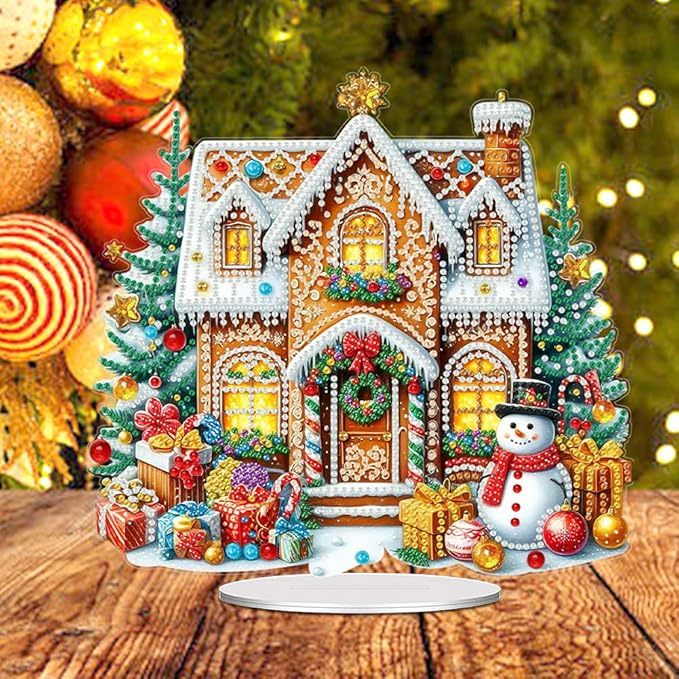 LAKEQUILL Christmas Diamond Painting Kits, Tabletop Ornament, Stand Up Diamond Art Desktop Kits Cookie House for Home Office Decor, New Year Gift