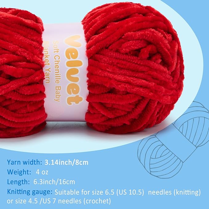 Velvet Yarn Chenille Yarn for Crocheting and Knitting Soft Chenille Bulky Baby Blanket Yarn DIY Weaving Craft 2pack Red(4oz 66yds Each)