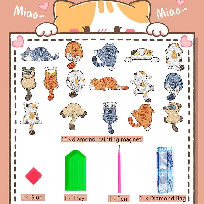 16 Pcs Cat Diamond Painting Magnets Kits,Funny Diamond Art Fridge Magnet Refrigerator Sticker Diamond Painting kit for Beginners Adults DIY Art Craft Gifts Home Decors (Funny Cats)