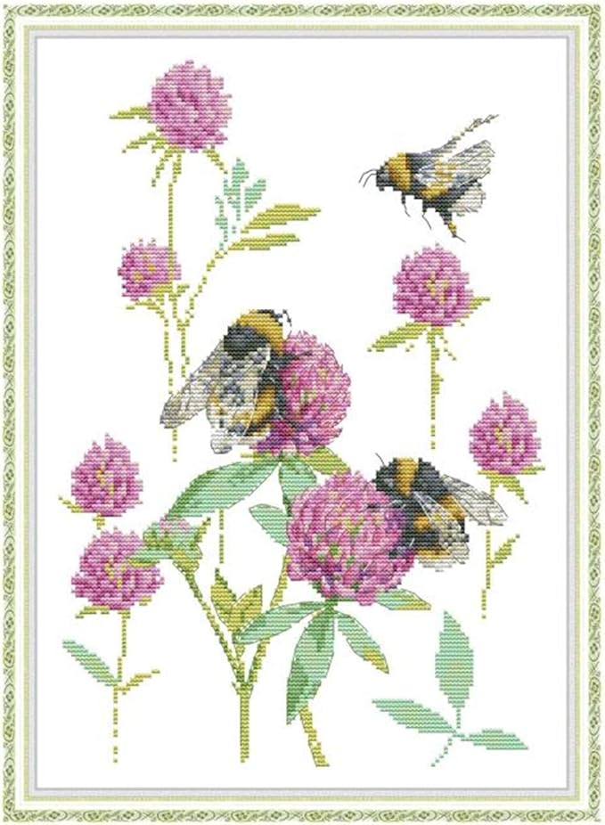 CaptainCrafts Cross Stitch Kits for Adults Counted Unprinted Fabric Cross Stitching DIY Art DMC Needlecrafts Embroidery Kit for Adults (White, Bumblebee Picking Flowers)