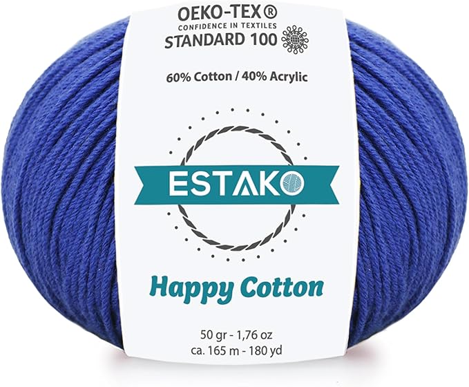 Estako Happy Cotton, 60% Cotton 40% Acrylic Yarn, Soft, Fine/Sport (2) for Crochet and Knitting 1.76 Oz (50g) / 180 Yrds (165m) (4250 - Royal Blue)