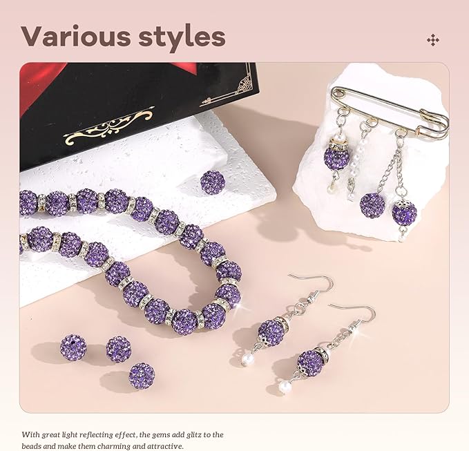 160pcs 10mm rhinestone beads for jewelry making, purple shiny round disco ball beads bulk, sparkle crystal clay christmas for bracelet baseball necklace earring crafting and diy