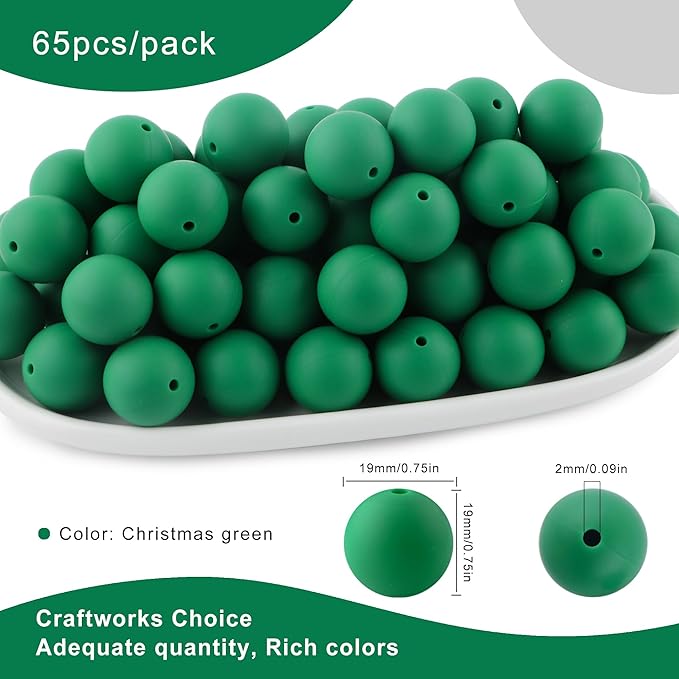65Pcs 19mm Silicone Beads for Keychain Making Bracelet Necklace, Bulk Round Silicone Beads for Pens（Christmas Green）