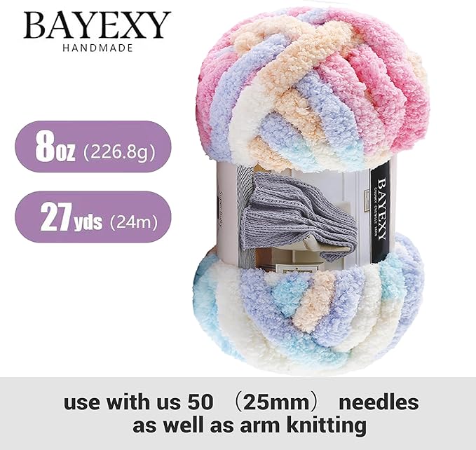 Chunky Chenille Yarn for Hand Knitting 8 Jumbo Pack Jumbo Chunky Yarn for Hand Soft Blanket Knitting, Bulky Thick Fluffy Yarn for Crocheting (Marshmallow Color+Kitten Color)