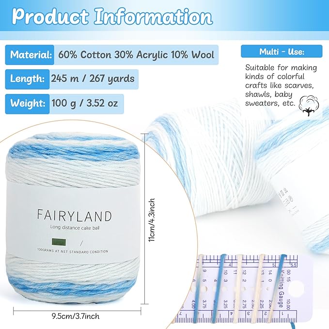 Aeelike Gradient Yarn for Crocheting, 3 Skeins Cake Yarns 100g (3.52 oz) 245m (267 Yards) # 3 Light Weight Super Soft Ombré Yarns for Making Blanket Scarves Sweaters, Blue White Gradient