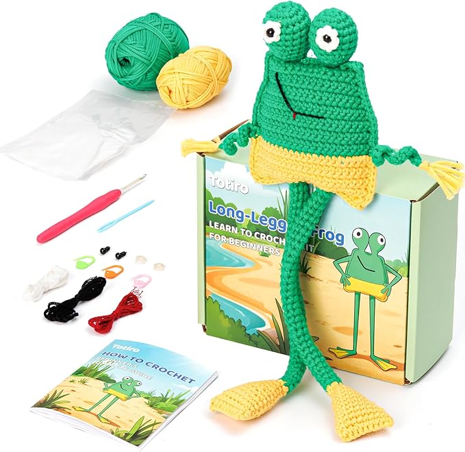 Totiro Crochet Kit for Beginners, Long-Legged Frog Amigurumi Starter Kit, Easy DIY Craft Set with Step-by-Step Video Tutorials, Animal Crochet Pattern Learning Kit for Teens Adults Birthday Gift