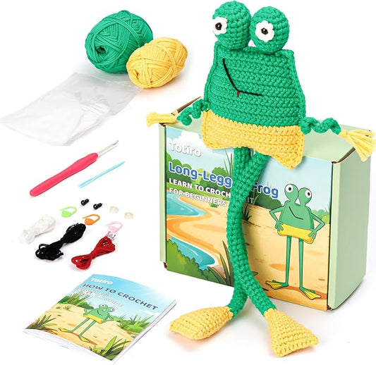 Totiro Crochet Kit for Beginners, Long-Legged Frog Amigurumi Starter Kit, Easy DIY Craft Set with Step-by-Step Video Tutorials, Animal Crochet Pattern Learning Kit for Teens Adults Birthday Gift