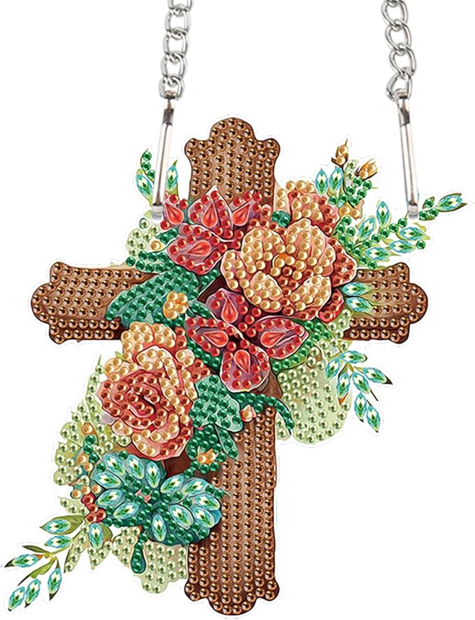5D DIY Acrylic Cross Diamond Painting Pendant Kit, Floral Special Shaped Rhinestones Hanging Ornament, Diamond Art Hanging for Adults, Decorative Window, Wall or Door, Handmade Home and Holiday Gift
