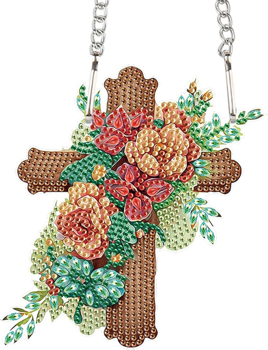 5D DIY Acrylic Cross Diamond Painting Pendant Kit, Floral Special Shaped Rhinestones Hanging Ornament, Diamond Art Hanging for Adults, Decorative Window, Wall or Door, Handmade Home and Holiday Gift
