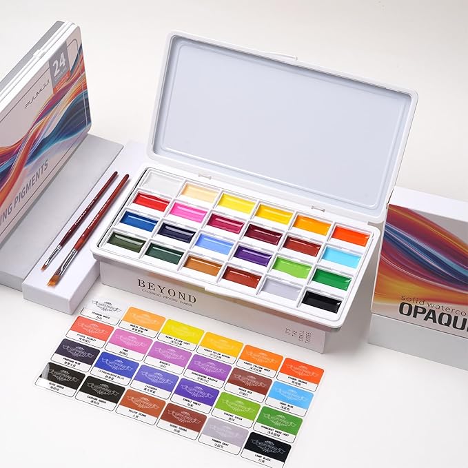 Fuumuui 24-Color Opaque Semi-Moist Watercolor Set – High-Saturation Bright Colors Art Supplies with Strong Coverage and Rich Pigments for Artists Beginner Painters Amateur Hobbyists Painting