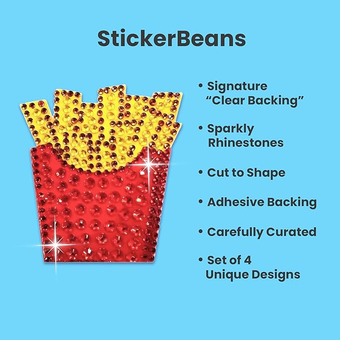 stickerbeans® rhinestone stickers - foodie 4-pack, 2” x 2” each, unique sparkly cut-to-shape for collecting, trading, decorating laptops, phone cases, scrapbooks - for kids, teens, & adults