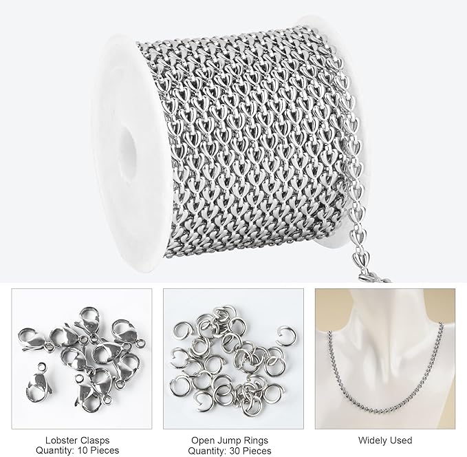 Kyutong 16.4 Feet Hollow Heart Chain for Jewelry Making Stainless Steel Silver Chains for Crafts DIY with Jewelry Clasps Supplies