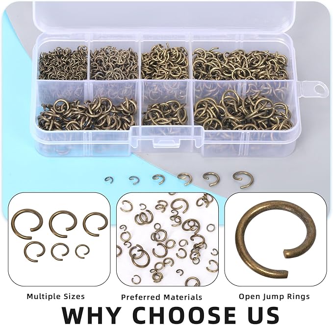 Glarks 1403Pcs 10mm 5mm 4mm 7mm 8mm Open Jump Rings Kit, Iron Round Ring Connectors Nickel Free Bronze O Rings for Jewelry Making Connectors and Necklace Repair