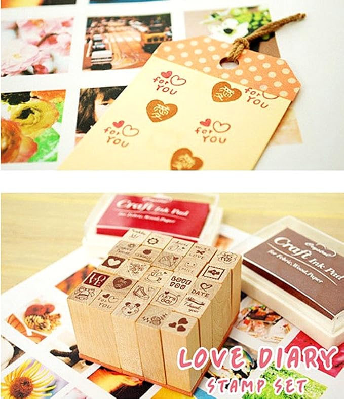 Diary Stamp Set,Wooden Rubber Signet for Children DIY Scrapbooking Planner Card Making(25pcs,Love Heart)