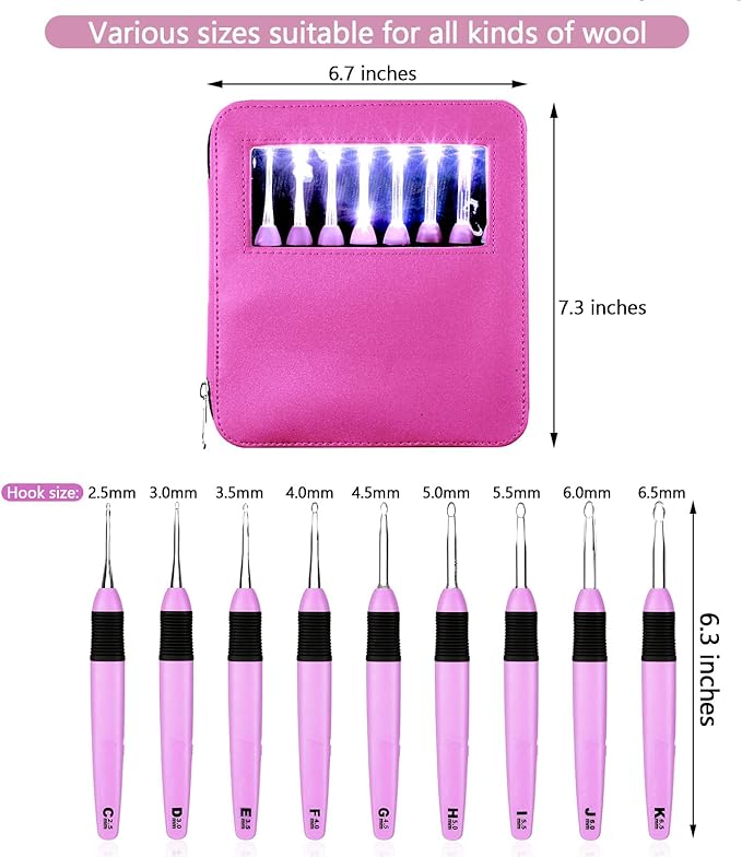 Chuangdi 9 Pieces Lighted Crochet Hooks with Case 9 Size LED Light Crochet Hooks Set Knitting Needles Craft Yarn Weaving Needles Comfortable Smooth Handle for Knitting, 2.5 mm-6.5 mm(Pink)