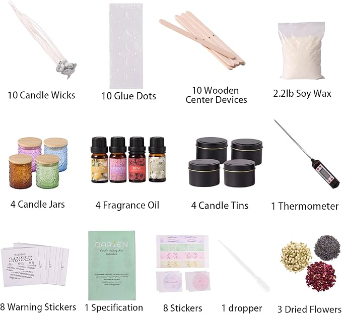 DARJEN Candle Making Kits - Soy Candles Making Supplies for Adults Including 4 Candle Jars(Amber, Purple, Blue, Green), Candle Tins, Wax, Scents, Dried Flower & More, DIY Arts & Crafts Kits Home Decor