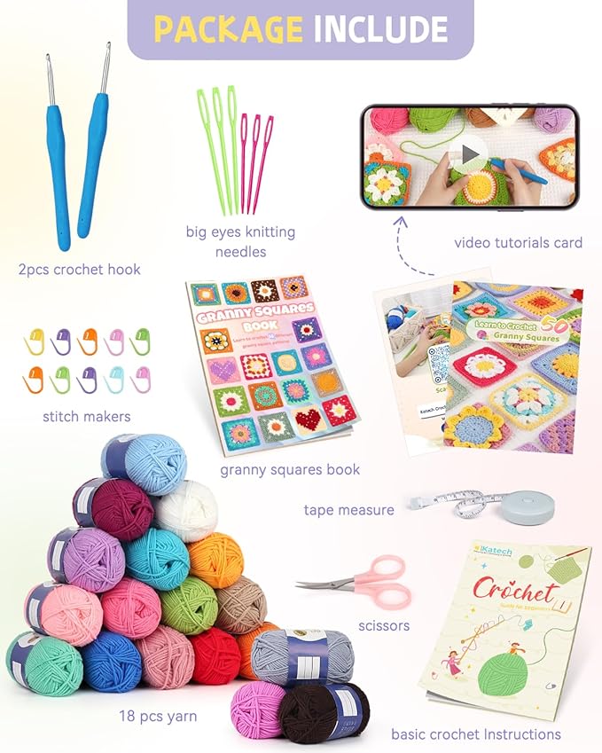 Katech Crochet Kit for Beginners, 50 Granny Squares Crochet Kits for Adults Beginner Learn to Crochets w/Step-by-Step Video Tuturials, Knitting Kit w/1378yds Yarn Granny Square Card Deck- 80% Cotton