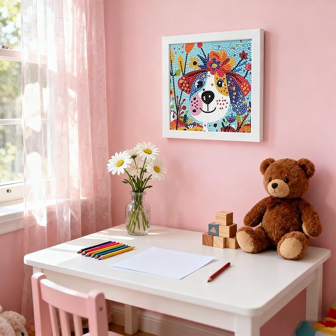 PERFECTSIGHT Cute 5D Diamond Art Kits with Wooden Frame, Kawaii DIY Painting Art for Adults Teen, Diamond Arts and Crafts Sets, Big Gem Full Drill Diamond Dots for Women Beginners (Dog)