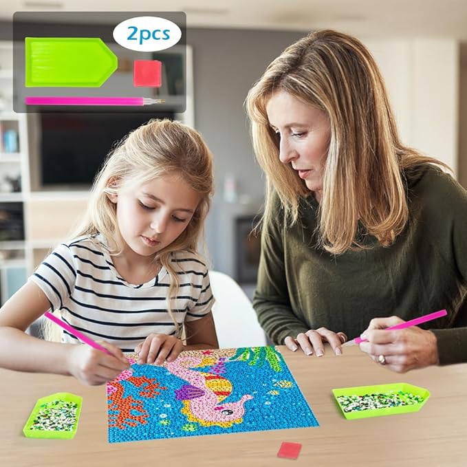 QEUOYSS Diamond Art Kit for Kids with Wooden Frame Art and Crafts for Kids Ages 6-8 -10-12 Easy to DIY Diamond Art for Kid and Adult Beginners Home Wall Decoration (Hippocampus)