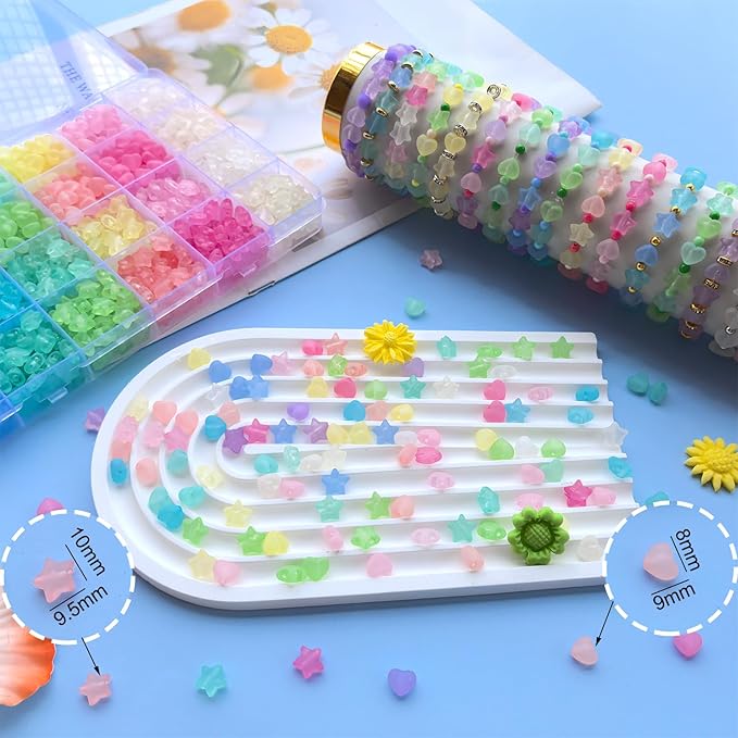 1000Pcs Matte Acrylic Star Beads Hart Beads for Bracelet Jewelry Making Jelly Color Frosted Pastel Beads Colorful Cute Aesthetic Kawaii Bead Charms for DIY Necklace Keychain Phone Charms