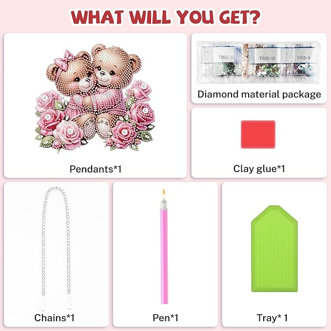 Bowetile Valentine's Day Diamond Art Hanging Kits for Adults, Diamond Art Suncatchers Couple Bear, 5D Special Shape Diamond Painting Flowers Pendant Window Ornament Gifts for Home Door Wall Decor
