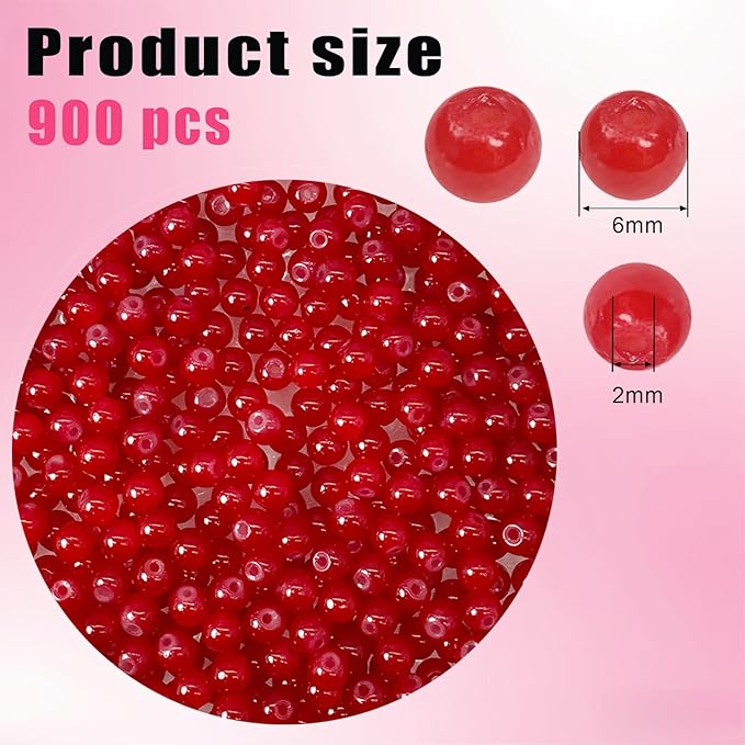 6mm Round Glass Beads for Jewelry Making, 900Pcs Glass Seed Beads for Bracelets, DIY Crafts (Red)