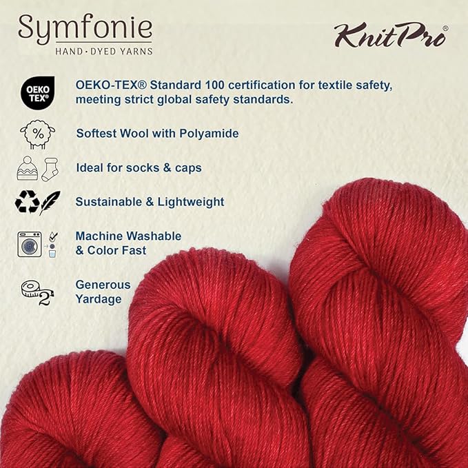 KnitPro Symfonie Fingering Weight Hand Dyed Semi-Solid Yarn Skein | Extra Fine Merino Wool & Polyamide Blend for Knitting & Crocheting, Oeko-TEX Certified 400m, 100g | Terra Red Rose