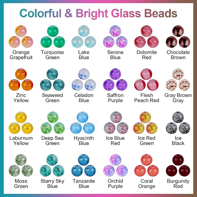 XSEINO About 1200+ PCS 6mm Ink Style Glass Beads Bracelet Making Kit, 24 Assorted Ink Colorful Series Crystal Beads for Jewelry Making and DIY Crafts, Friendship Bracelets